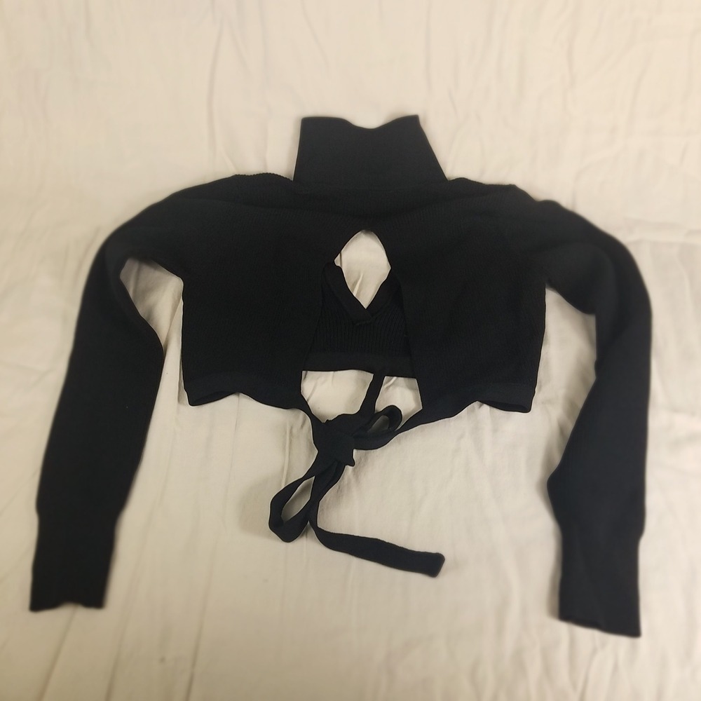 Bershka Black Ribbed Knit Cropped Sweater Open Back Tie Collared L 7494/376 - Picture 2 of 5